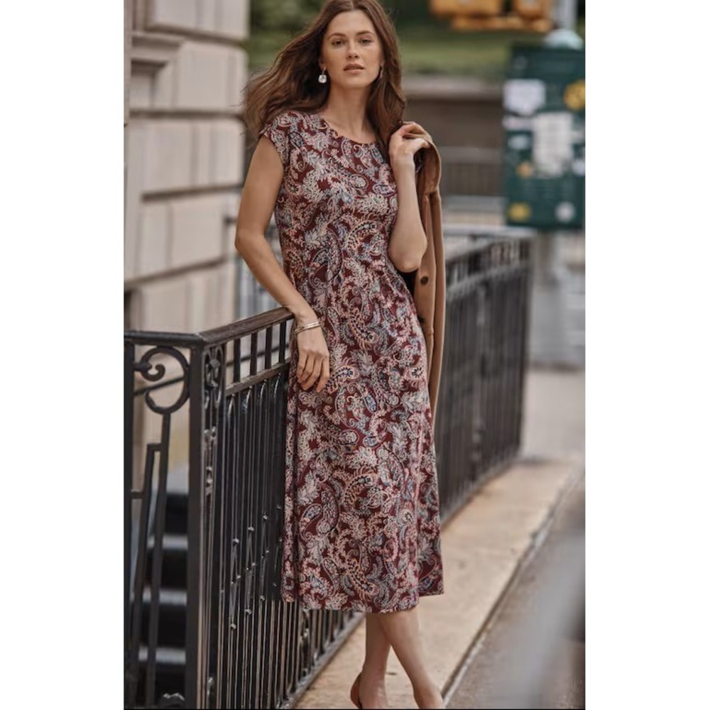J.Jill Wearever Collection M Paisley Midi Dress Burgundy Ecovero Stretch Travel
